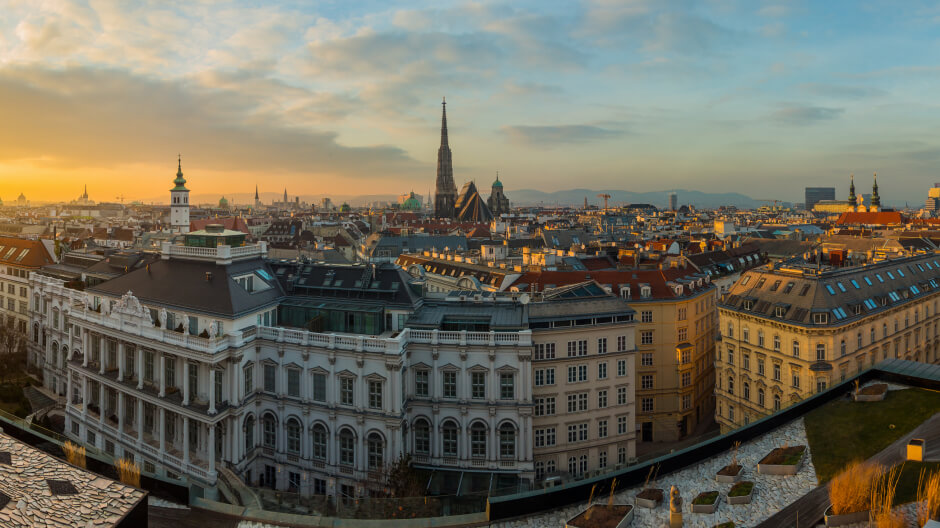 A rooftop view of a stunning cityscape in Vienna
