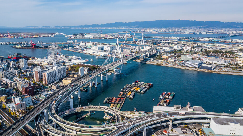 A birds-eye view of a port in Osaka, Japan