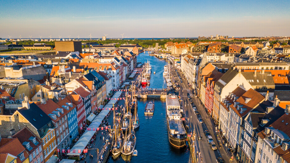 A birds-eye view of a harbor in Copenhagen, Denmark
