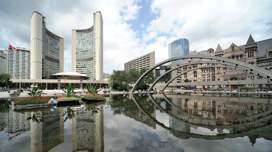 Soaring skyscrapers along the northwestern shore of Lake Ontario in Toronto