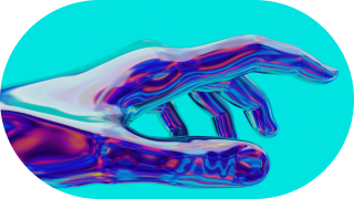 A futuristic, holographic hand reaching out against a bright blue background