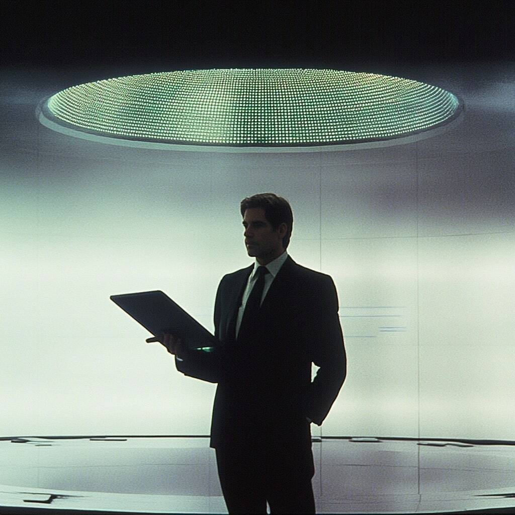 A silhouette of a man in a suit holding a tablet in a futuristic, minimalistic space
