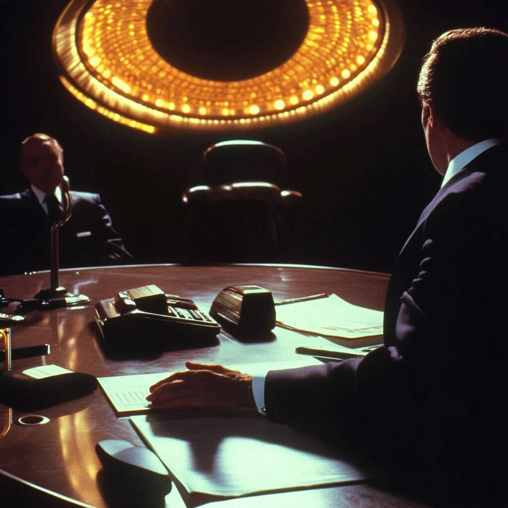A tense meeting scene with two individuals at a table, a vacant chair, and office items