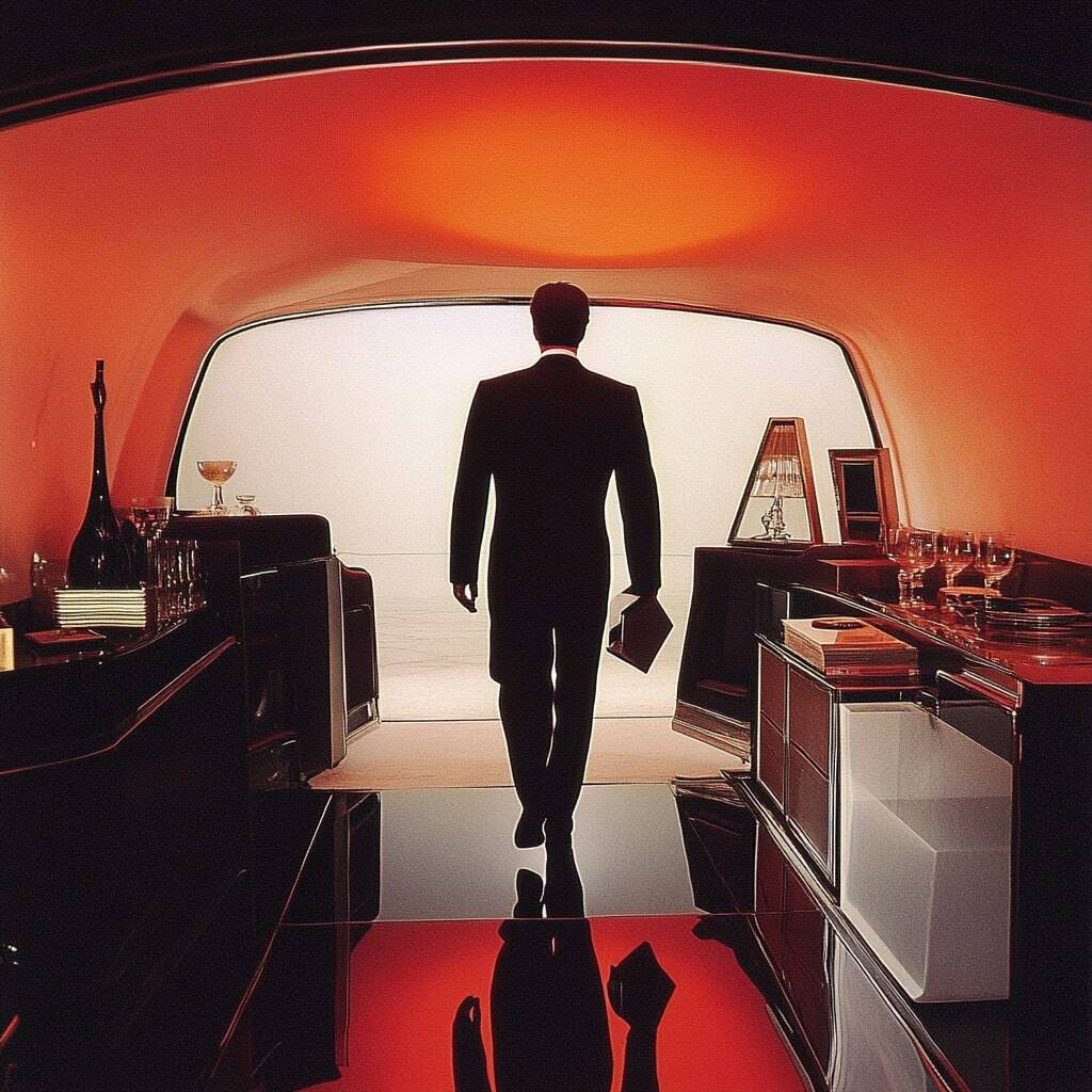 A person in a suit walking away from a well-designed, luxurious room towards a bright, minimalistic space