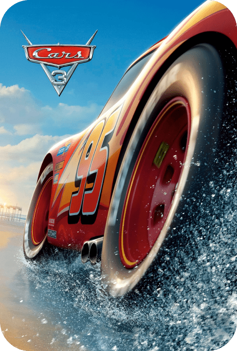 The poster of Cars, featuring Lightning McQueen, a red race car, on a racetrack