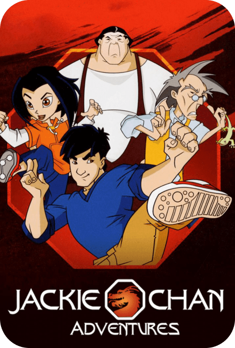 The poster of Jackie Chan Adventures, showing Jackie Chan and his companions in an action scene